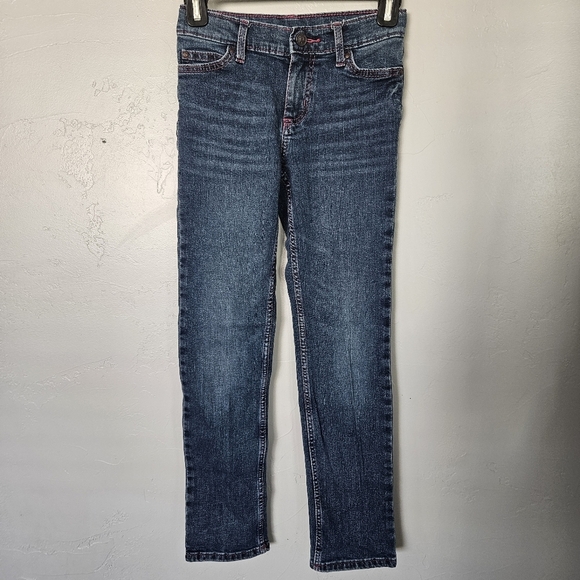 Wrangler Girls 10 Regular Medium Dark Wash Bootcut Denim Pink Stitching Western - Picture 2 of 6